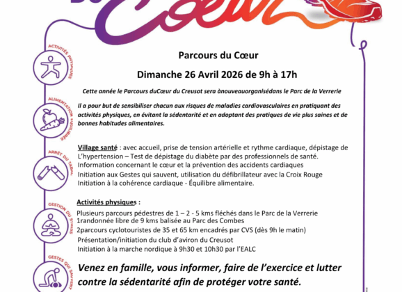 Parcours du Coeur Dimanche 26 Avril 2026 de 9h à 17h Esplanade Duchêne Parc de la Verrerie du Creusot